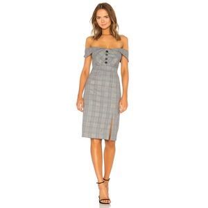 Bardot Bella Check Midi Dress Womens 4 XS Grey Plaid Off Shoulder Slit Cocktail
